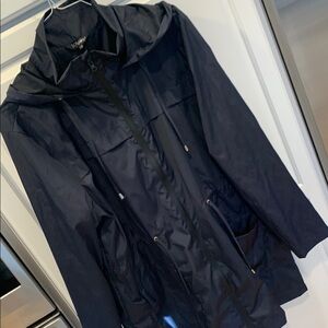 Lomon women’s long Black Jacket. Attached hood. Pockets size 2XL. Like new